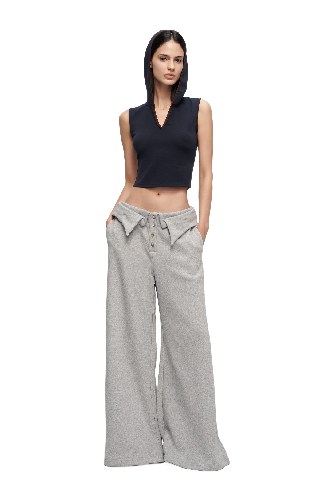 DOUBLE-LAYER COLLAR WIDE-LEG PANTS IN GRAY