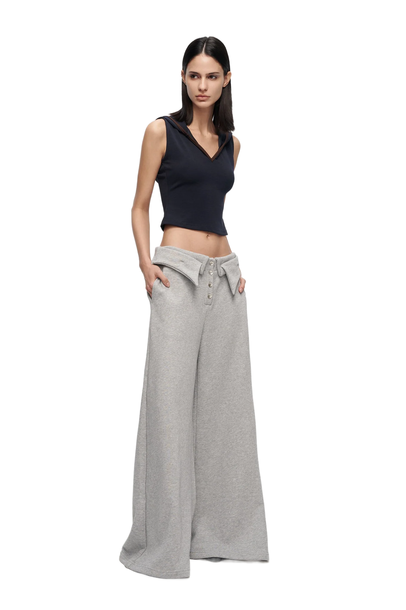 V-CUTOUT HOODED SLEEVELESS TRIM TOP IN DARK BLUE