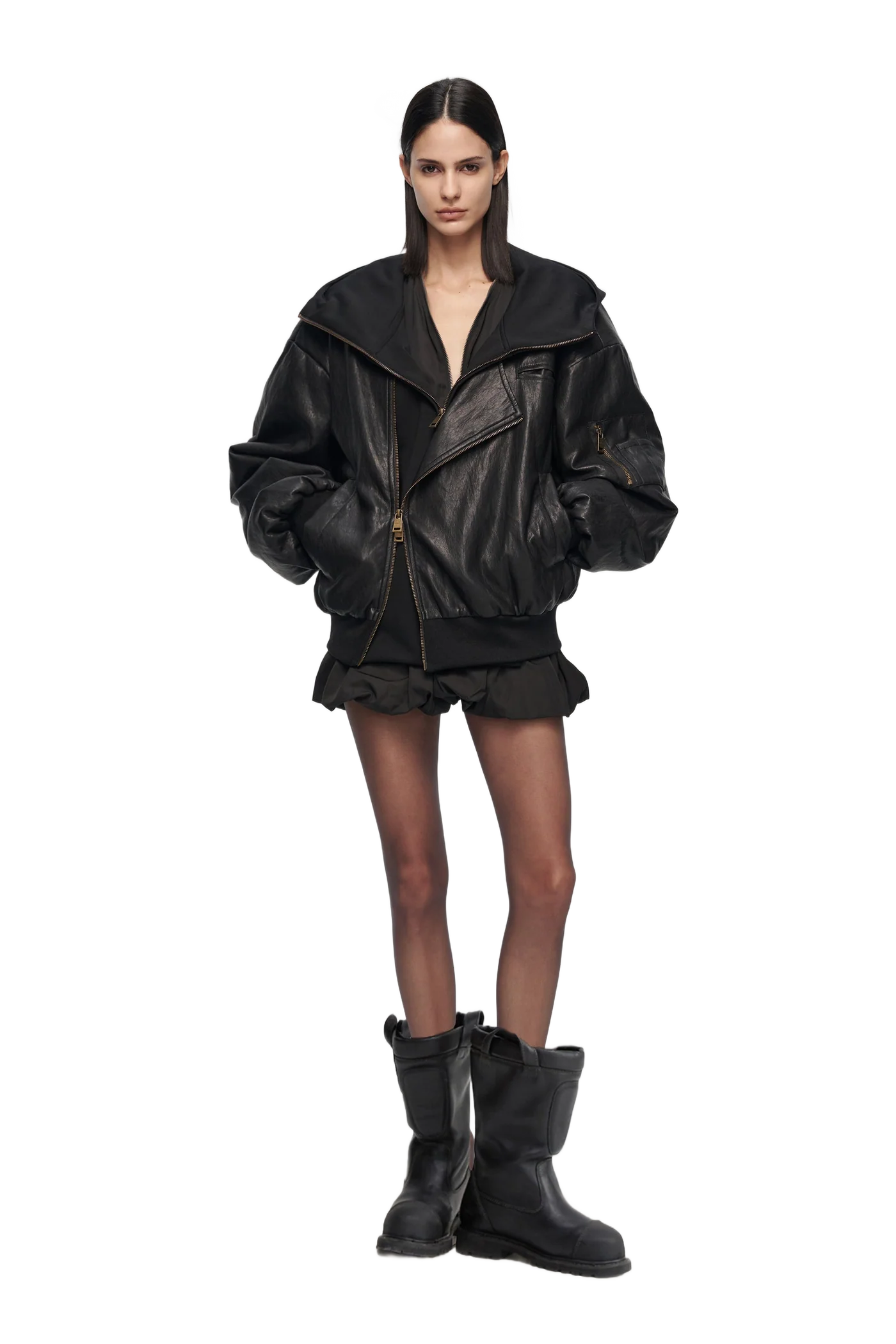 OVERSIZED LEATHER BOMBER JACKET IN BLACK