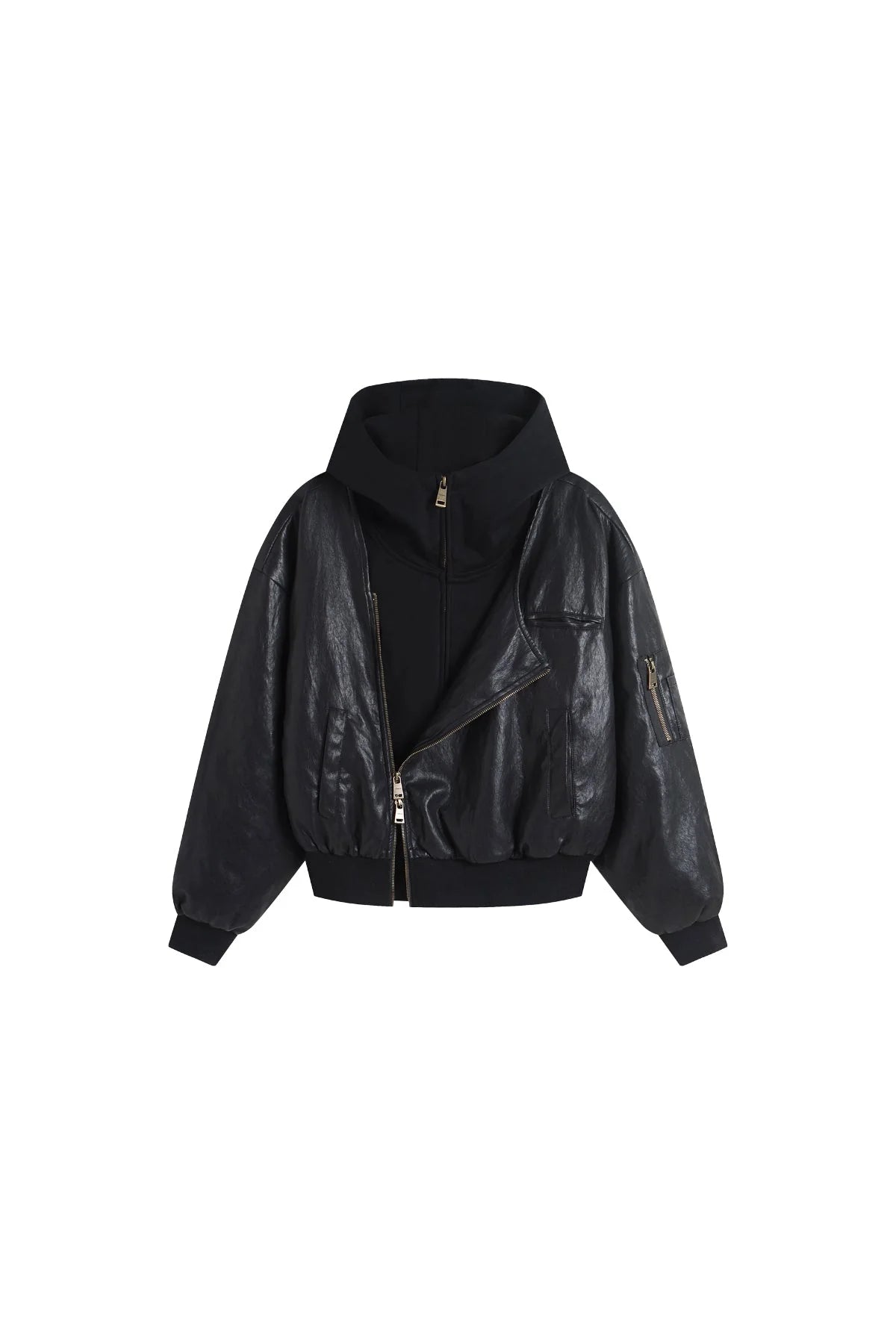 OVERSIZED LEATHER BOMBER JACKET IN BLACK