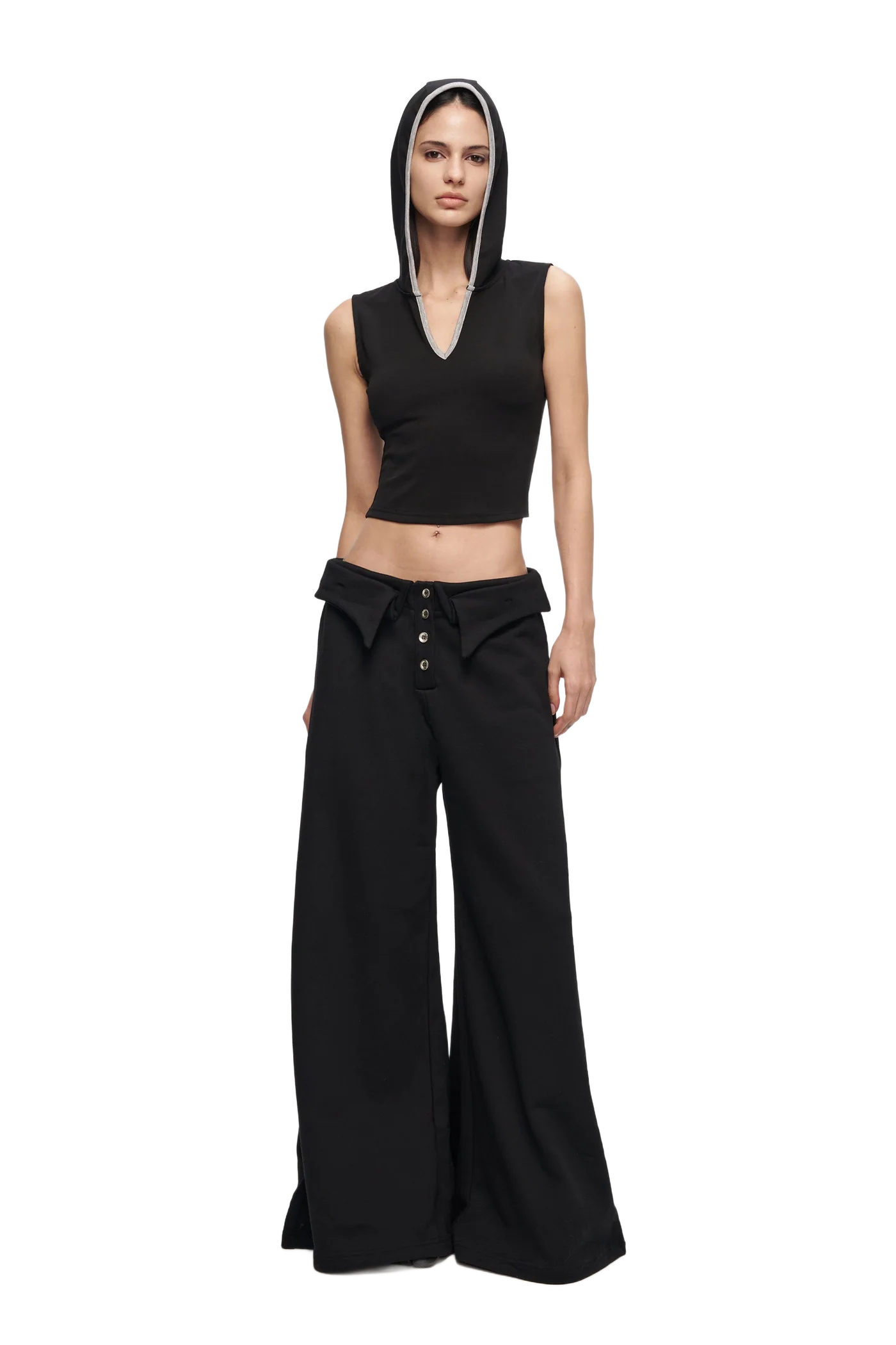 V-CUTOUT HOODED SLEEVELESS TRIM TOP IN BLACK
