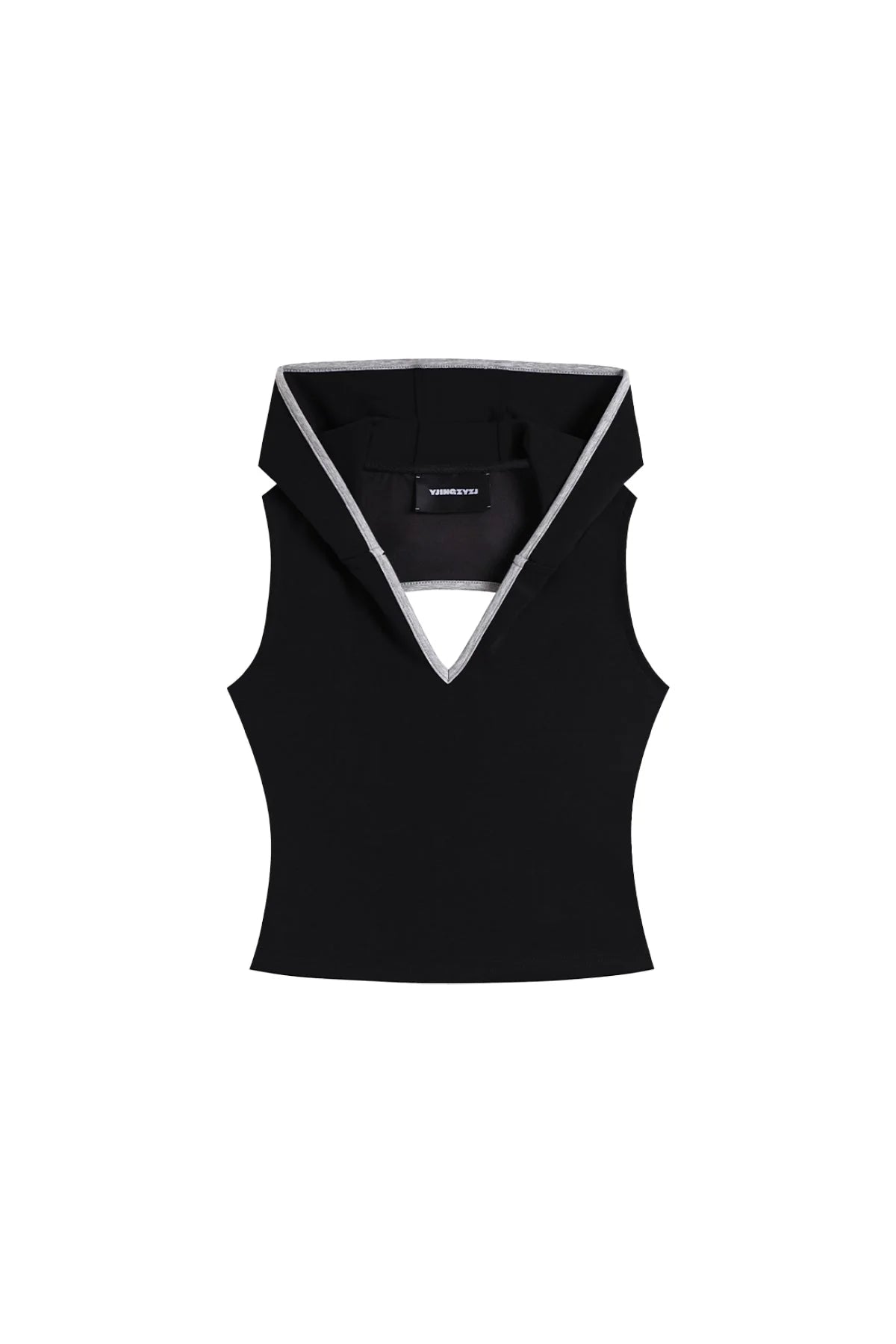 V-CUTOUT HOODED SLEEVELESS TRIM TOP IN BLACK