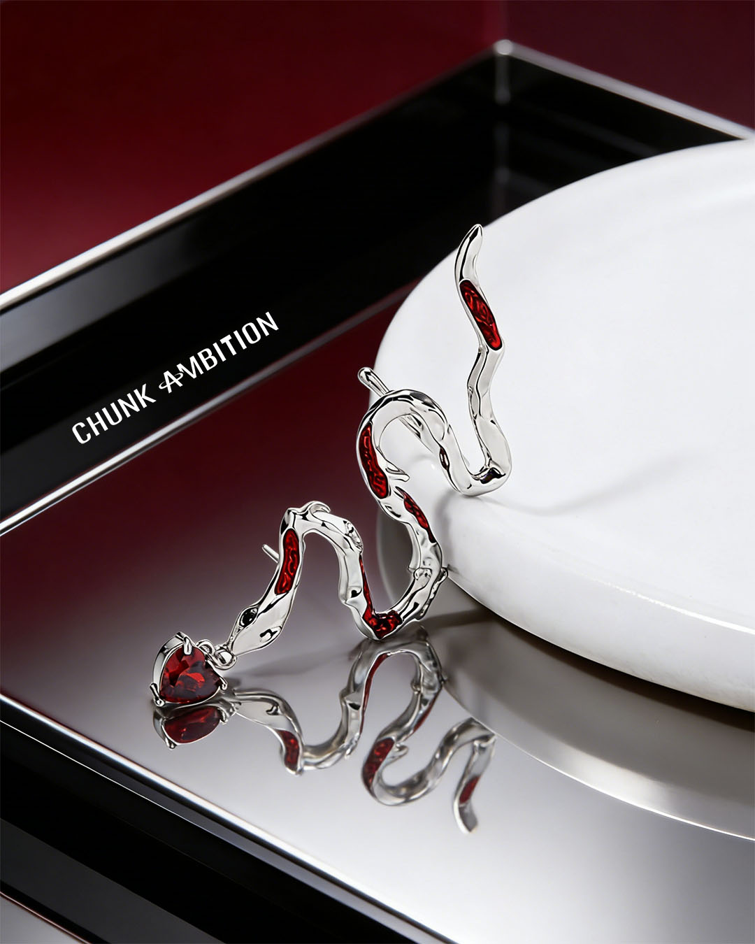 Elektra Red Serpent Stud Earring with Cuff (Left Side Only)