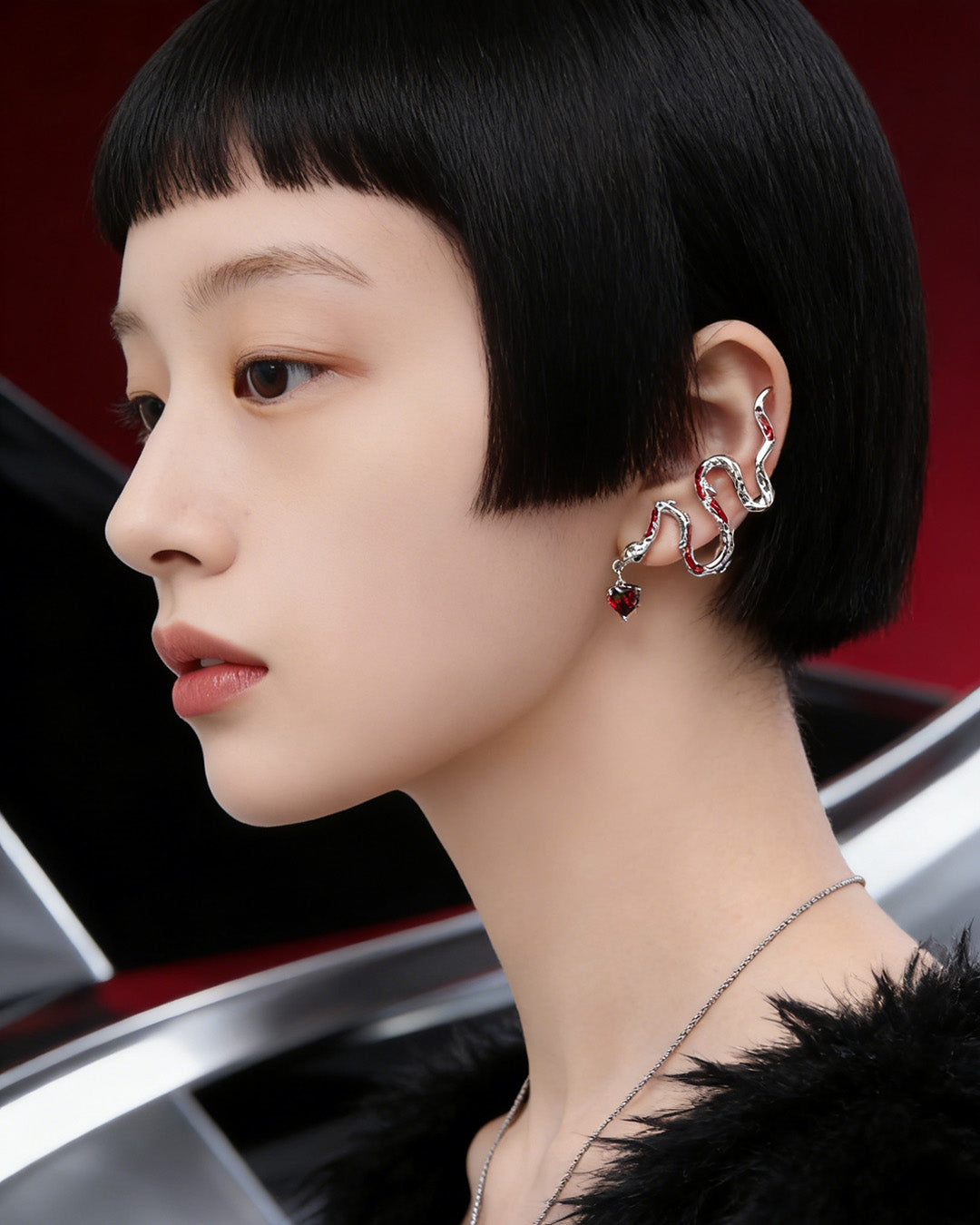 Elektra Red Serpent Stud Earring with Cuff (Left Side Only)