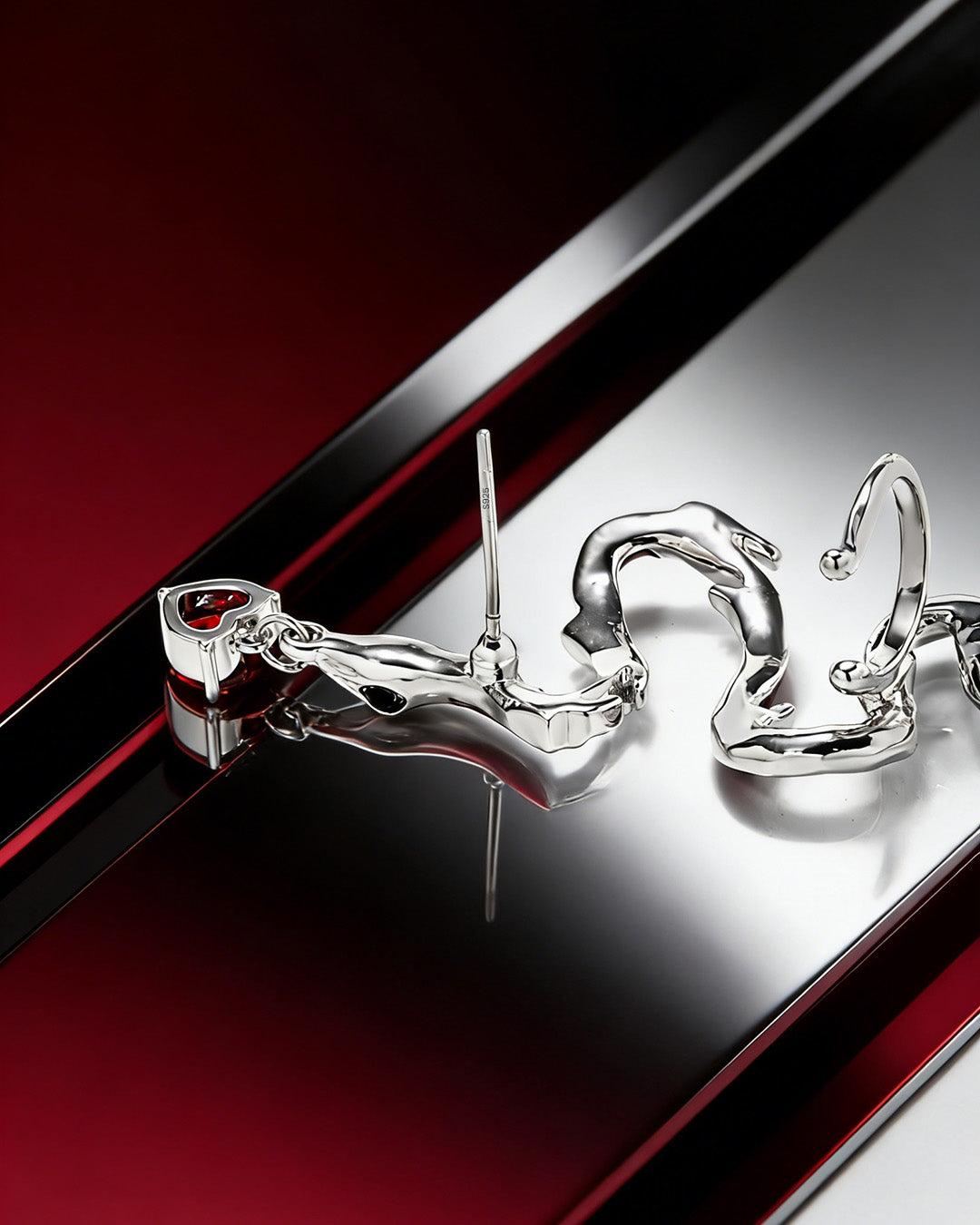 Elektra Red Serpent Stud Earring with Cuff (Left Side Only)