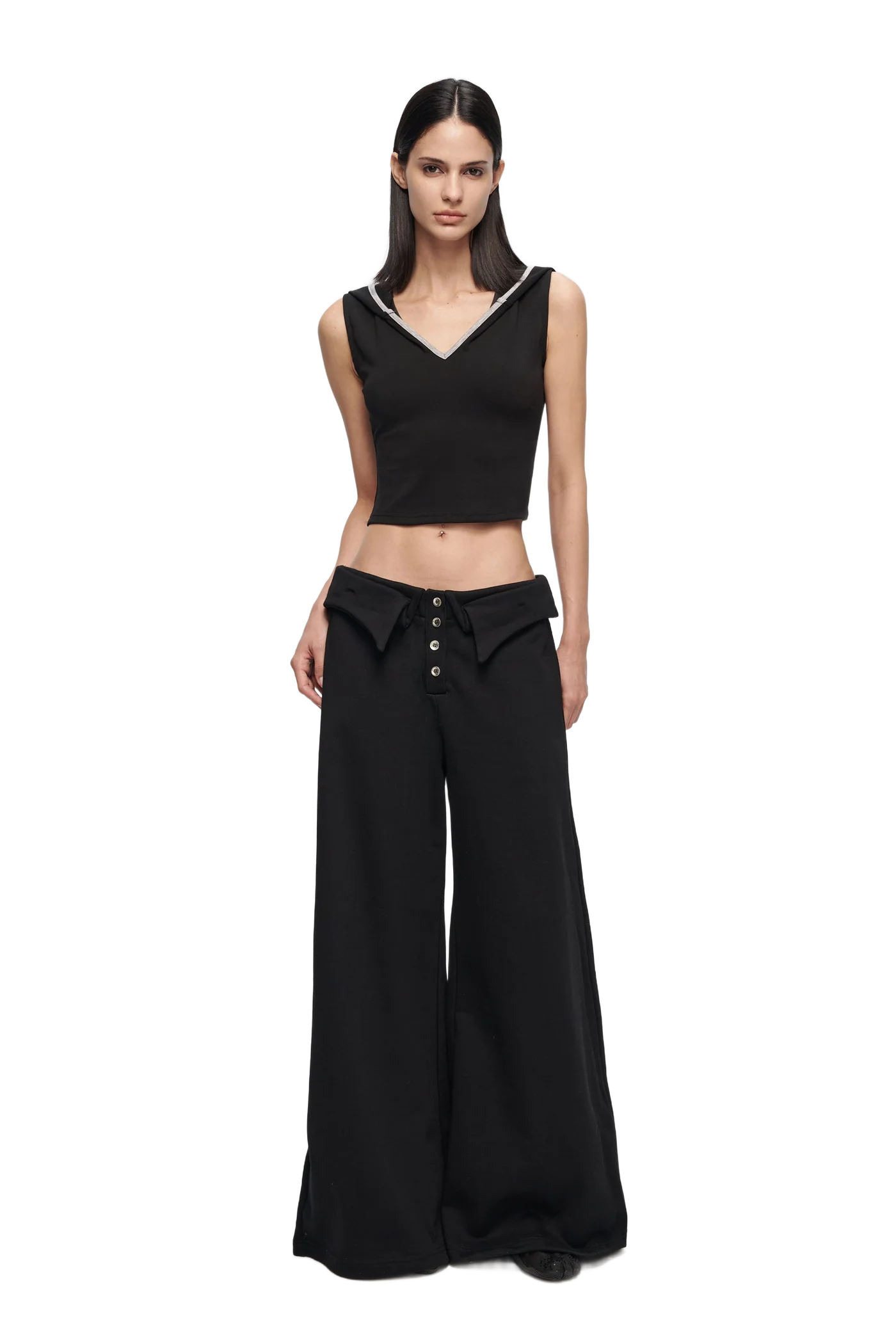 DOUBLE-LAYER COLLAR WIDE-LEG PANTS IN BLACK