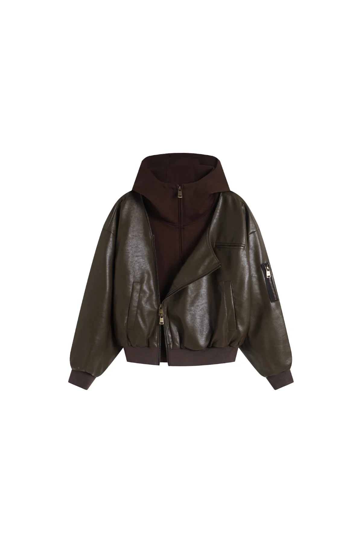 OVERSIZED LEATHER BOMBER JACKET IN BROWN