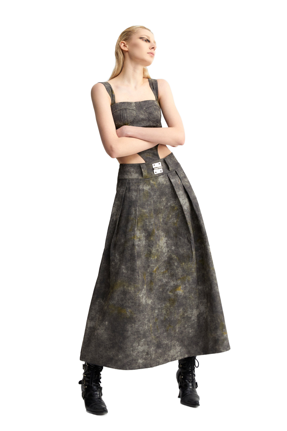 YJ Denim Acid-Wash Long Skirt In Gray