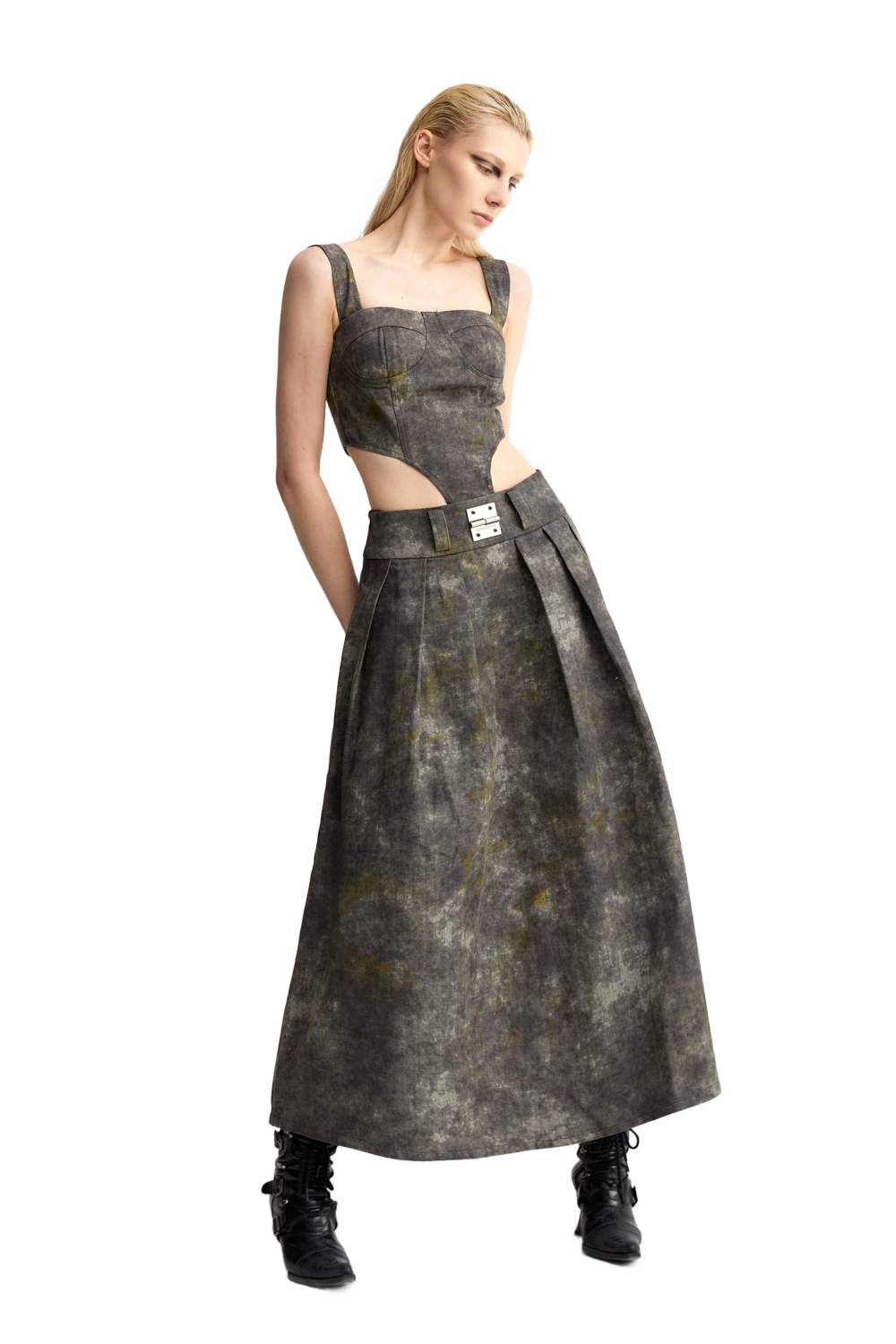 YJ Denim Acid-Wash Long Skirt In Gray