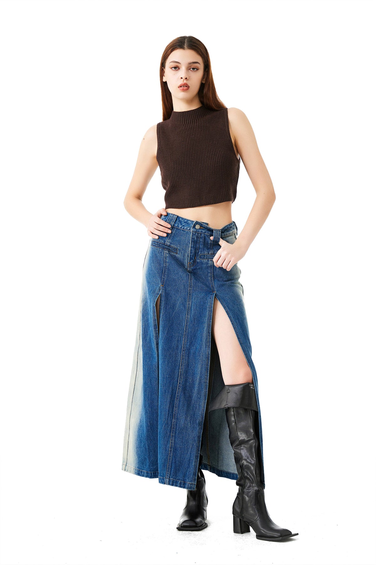 YJ High-Slit Denim Skirt