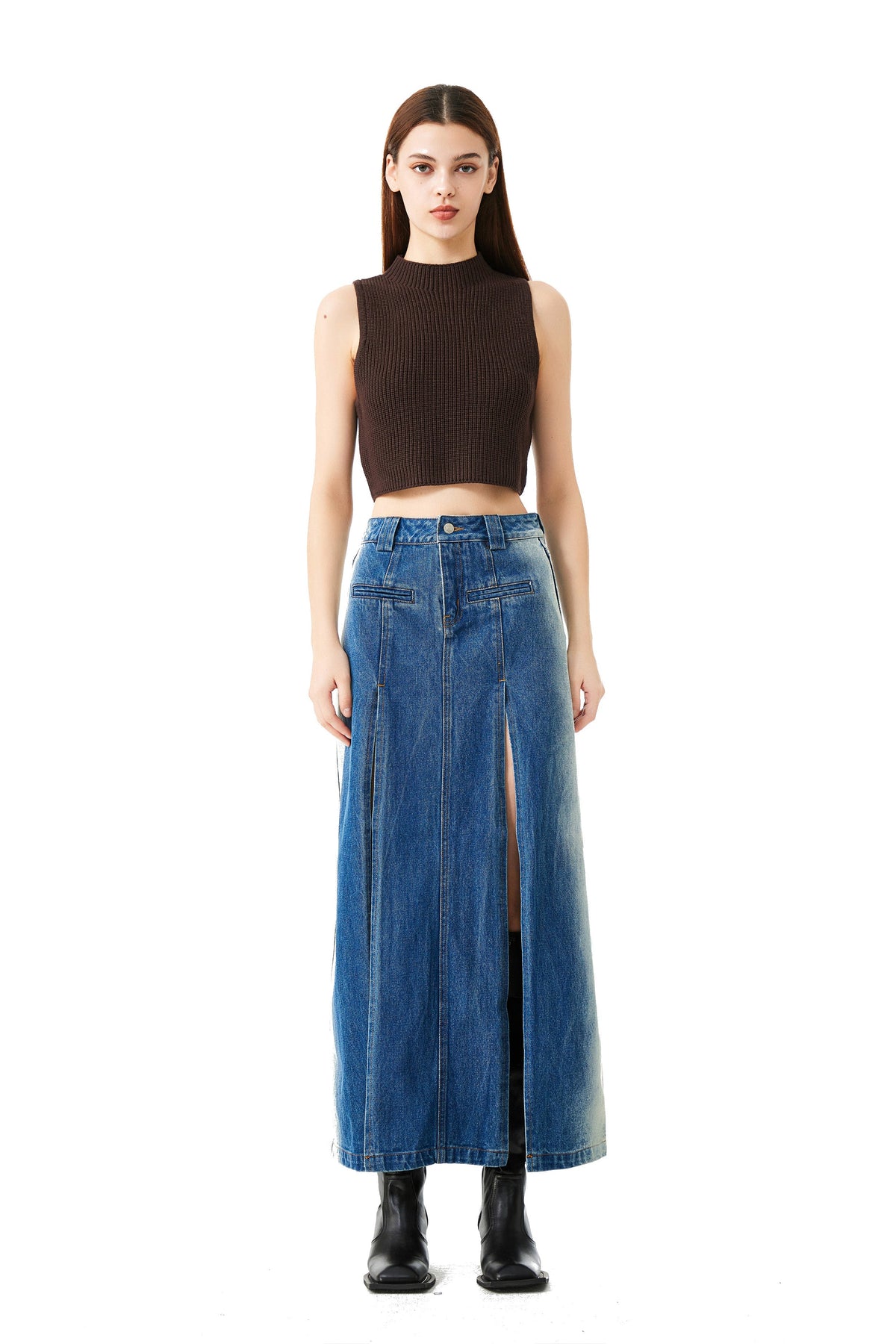 YJ High-Slit Denim Skirt