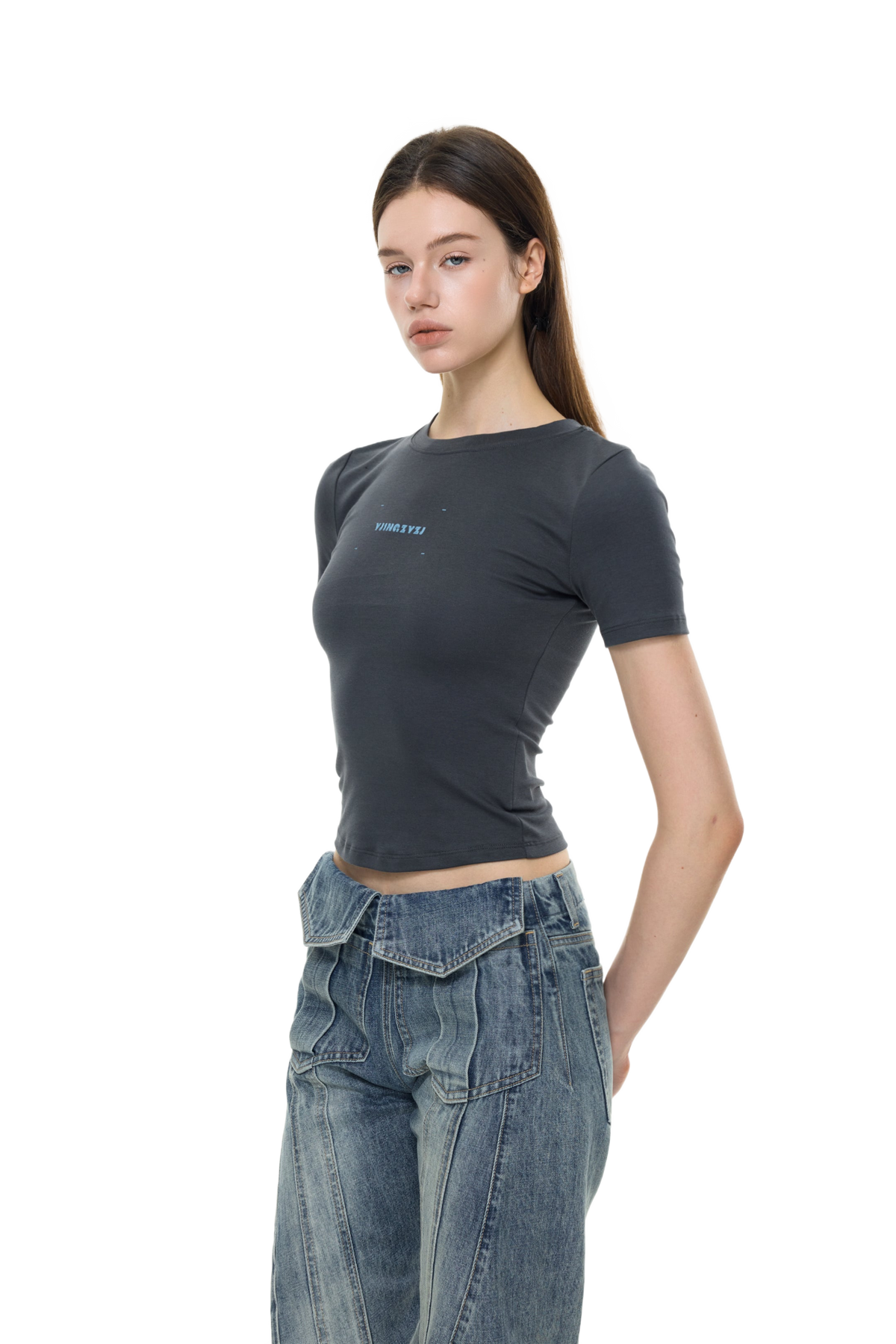 YJ Letters Print Baby Tee In Gray
