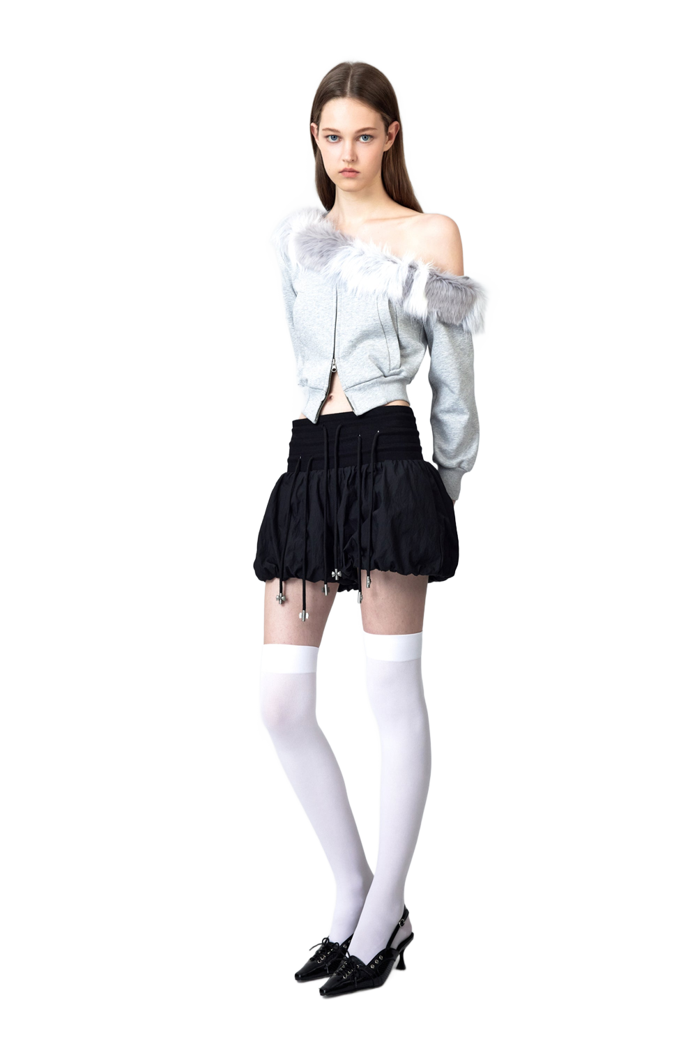 YJ One Shoulder Faux Fur Capless Jacket In Gray