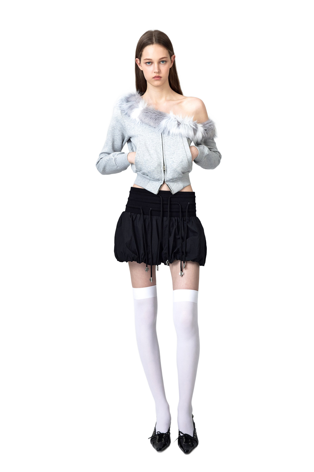 YJ One Shoulder Faux Fur Capless Jacket In Gray