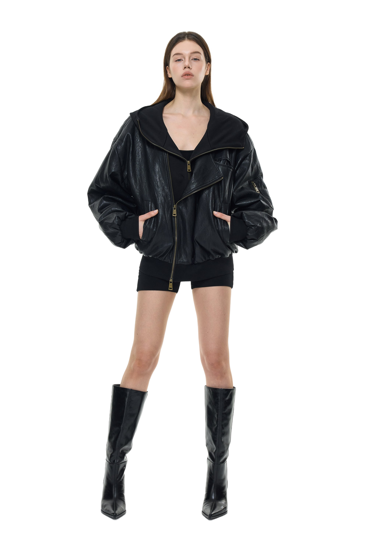 YJ Oversized Leather Bomber Jacket in Black