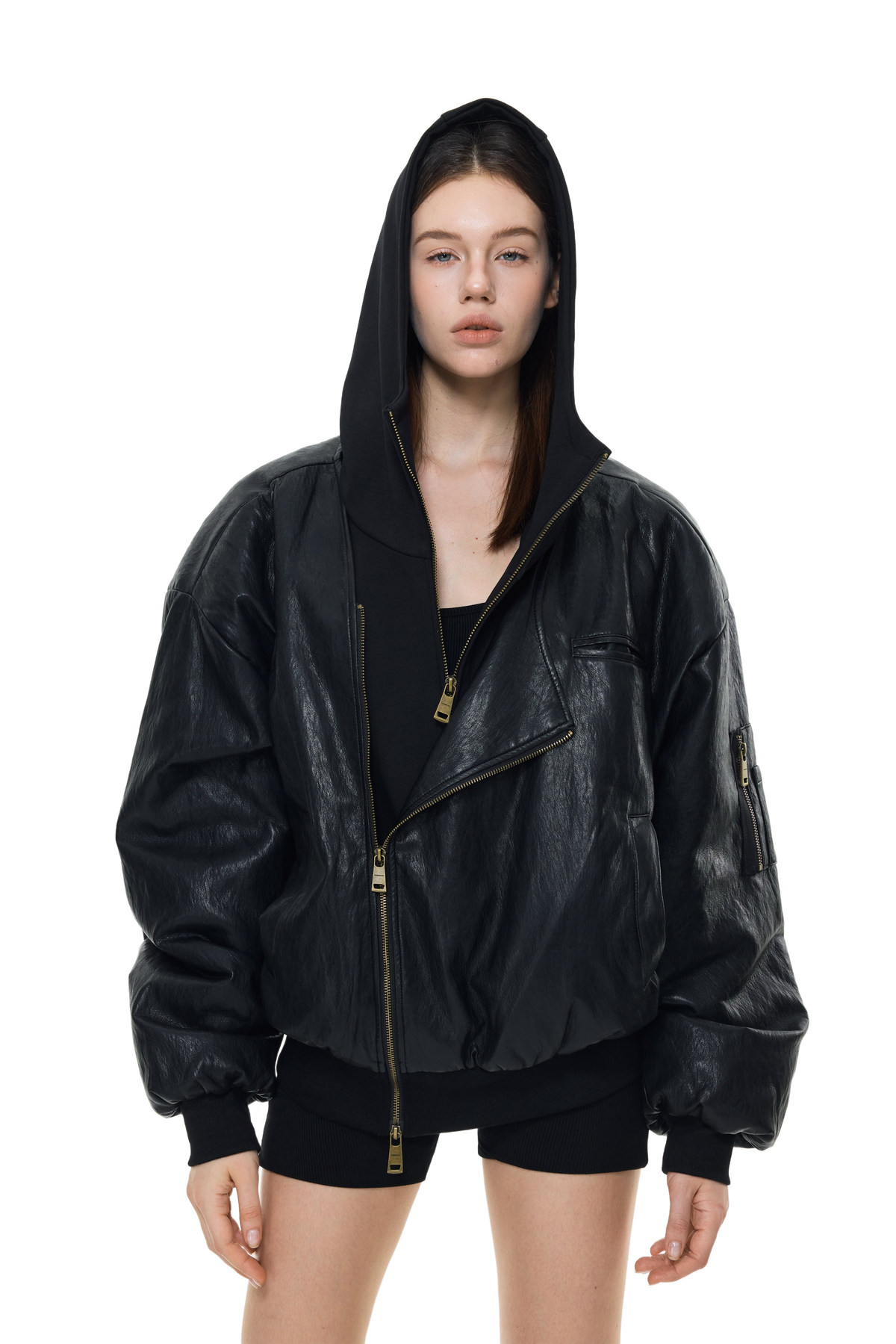 YJ Oversized Leather Bomber Jacket in Black