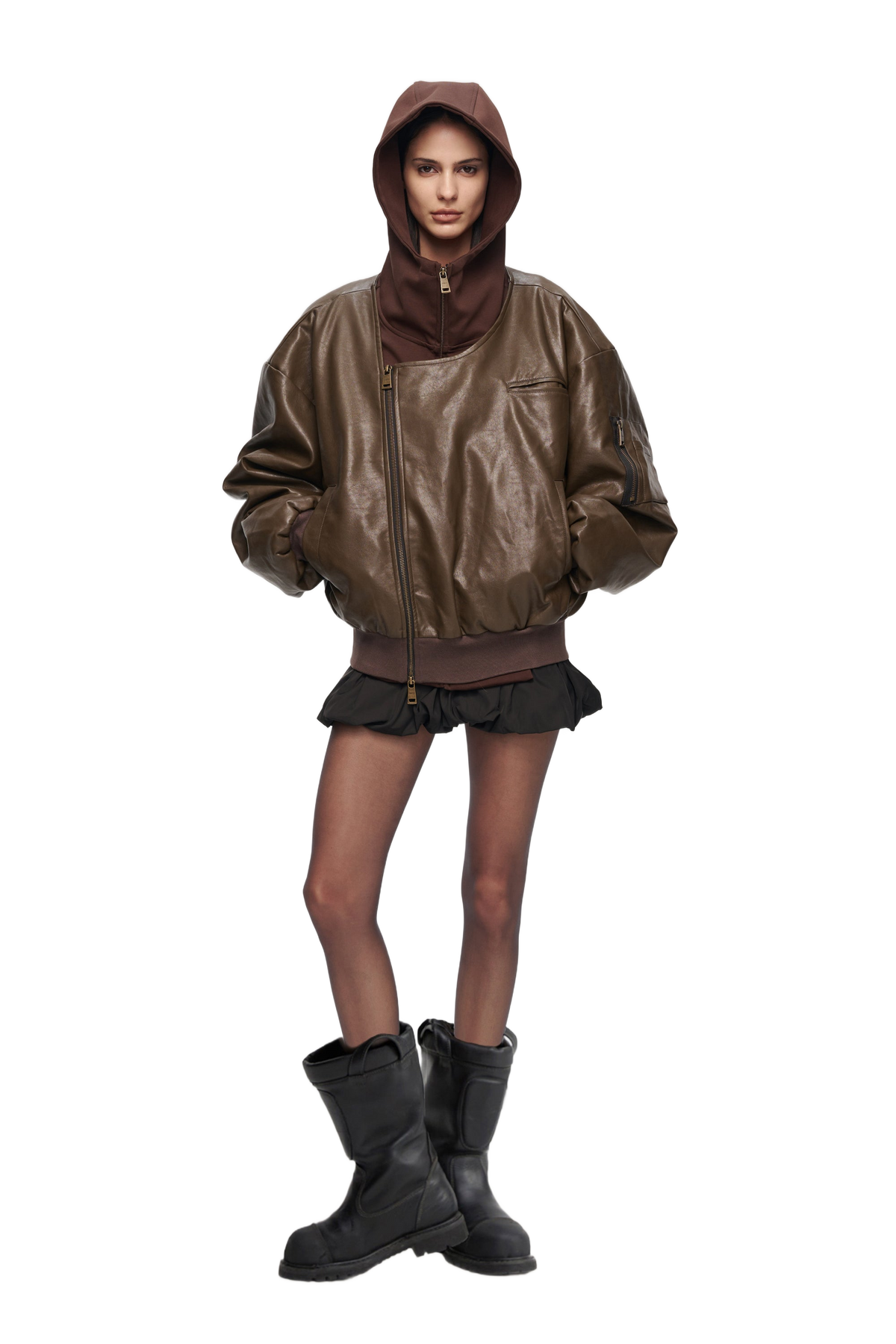 YJ Oversized Leather Bomber Jacket in Brown