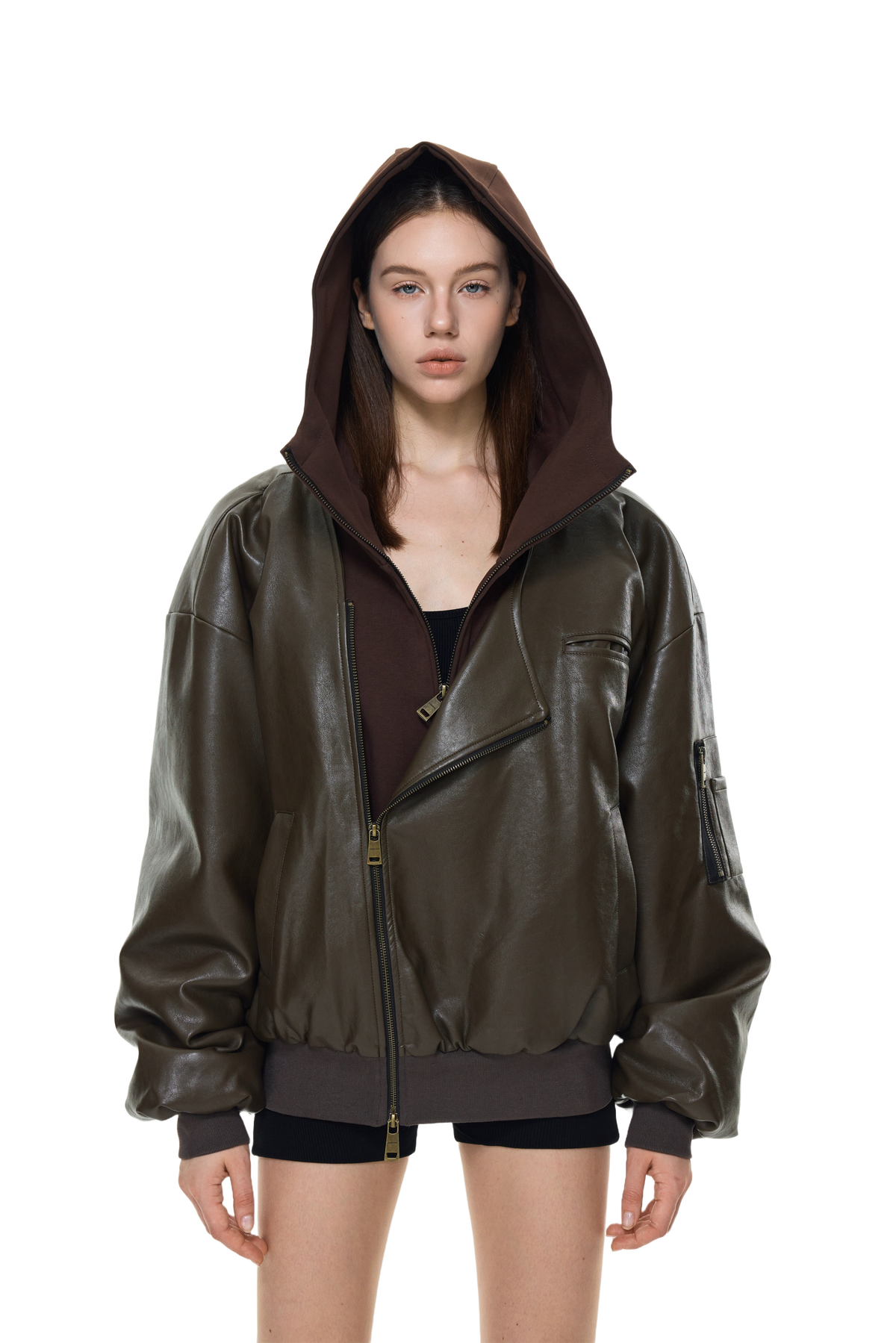 YJ Oversized Leather Bomber Jacket in Brown