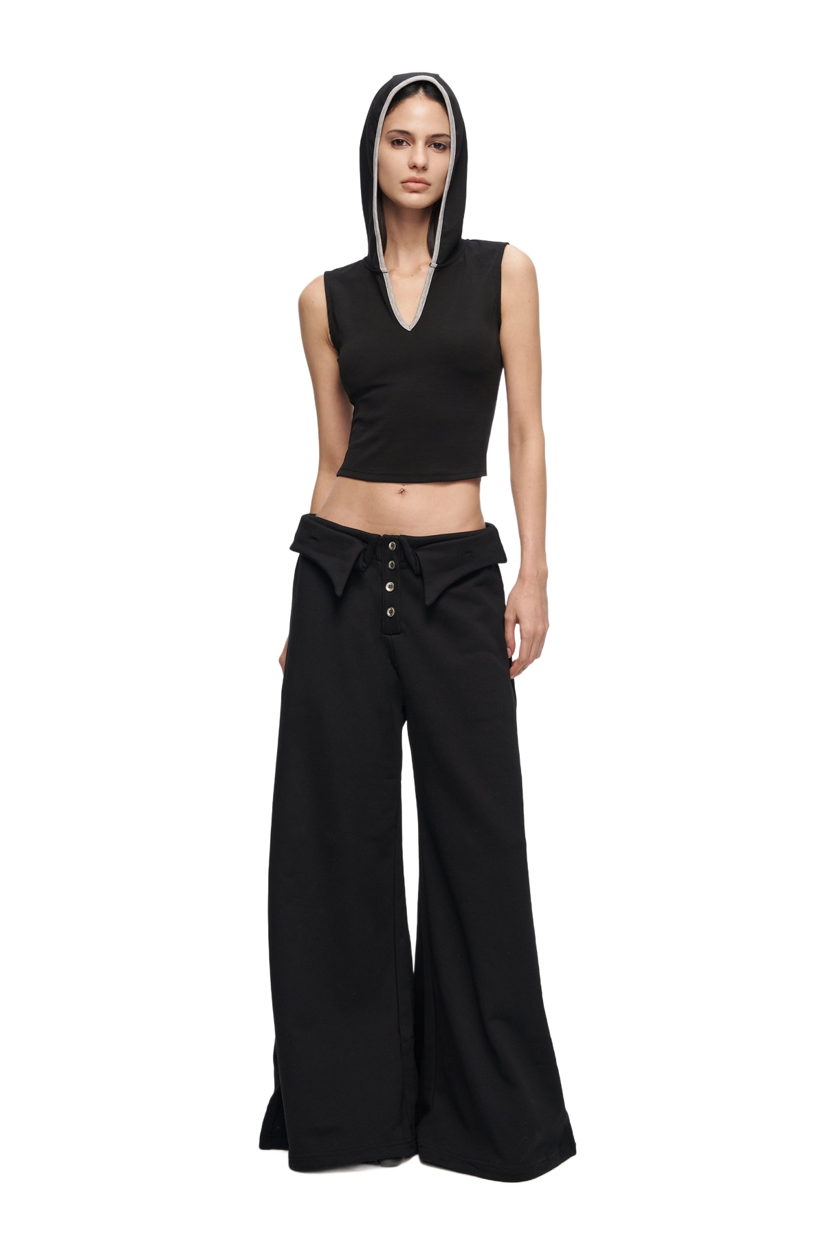 YJ Double-Layer Collar Wide-Leg Pants In Black