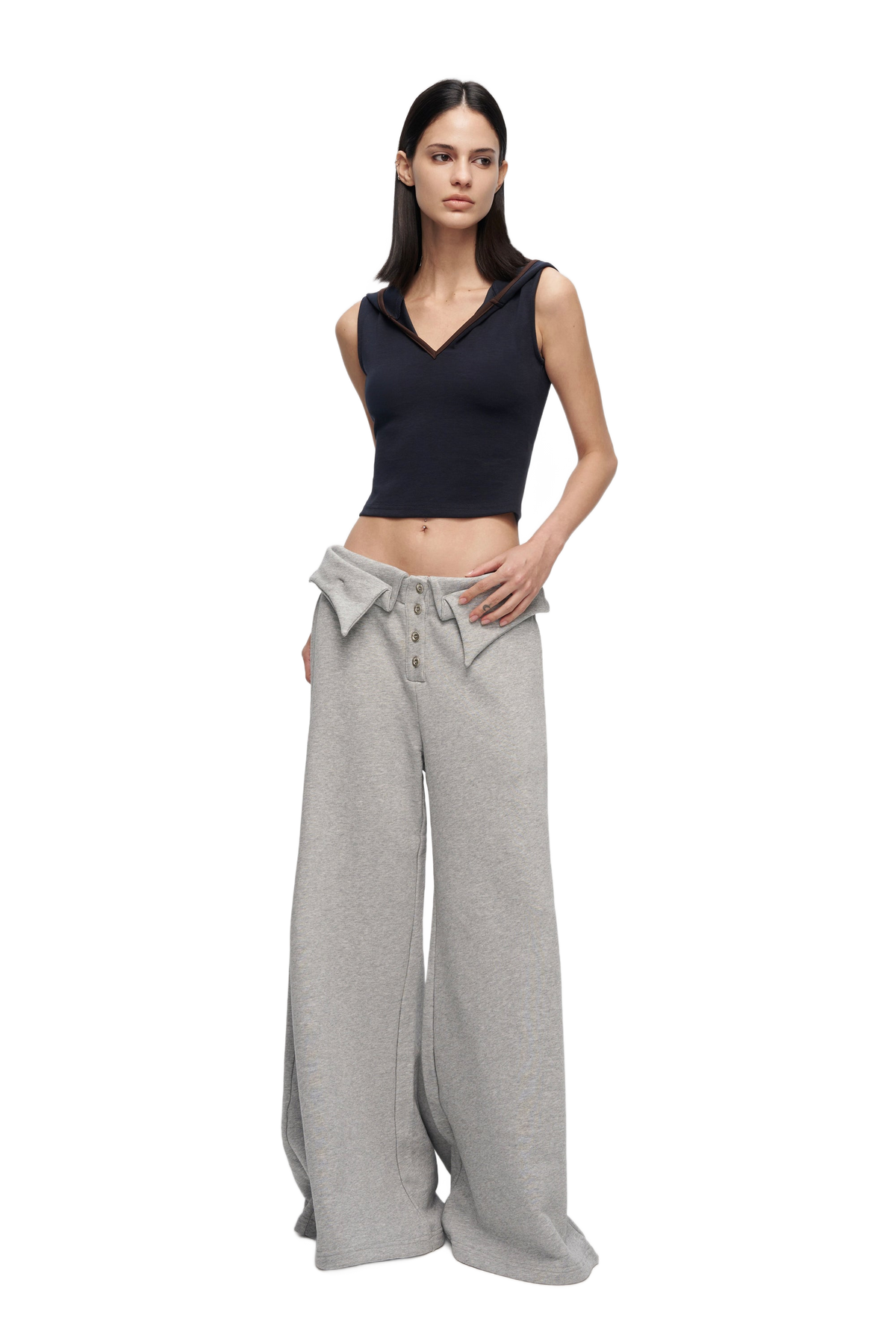 YJ V-Cutout Hooded Sleeveless Trim Top In Dark Blue