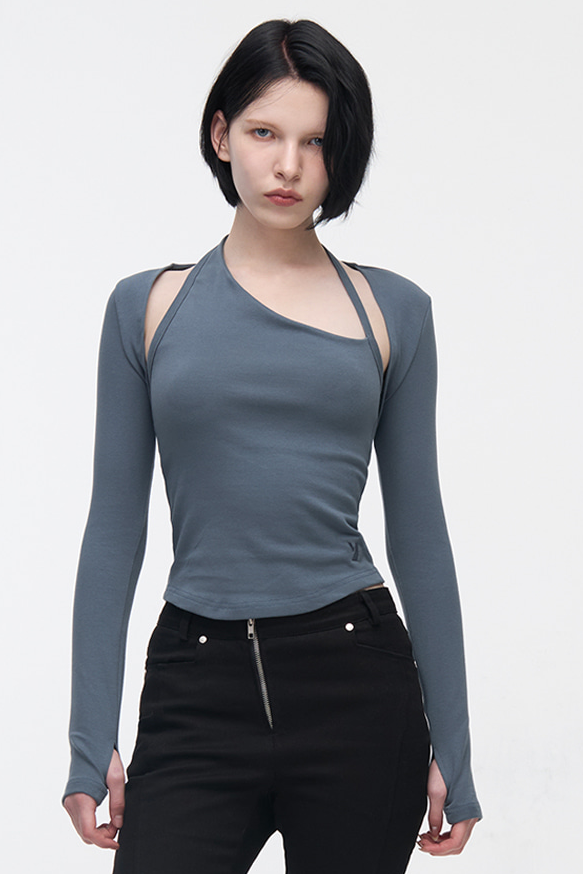 YUSE UNBALANCE HALTER SLEEVE BOLERO TOP - BLUE