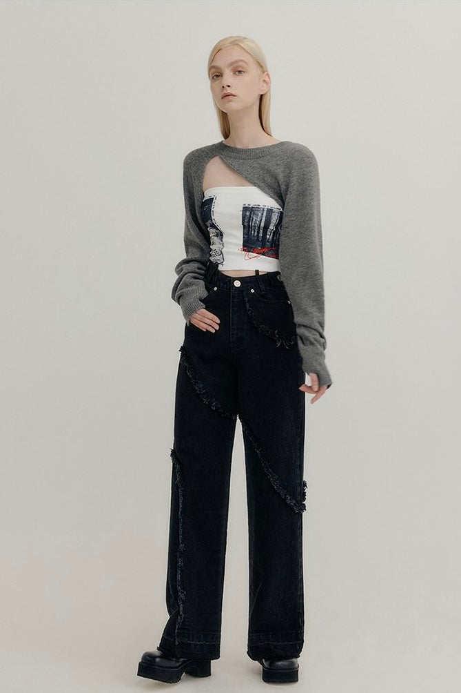 YUSE CASHMERE SIGNATURE UNBALANCE BOLERO KNIT TOP - GRAY