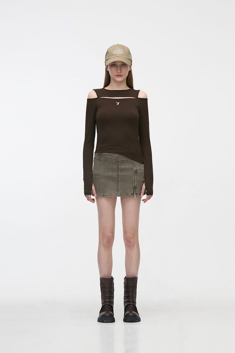 YUSE CUT OUT UNBALANCE SLIM LONG SLEEVE T-SHIRT - BROWN