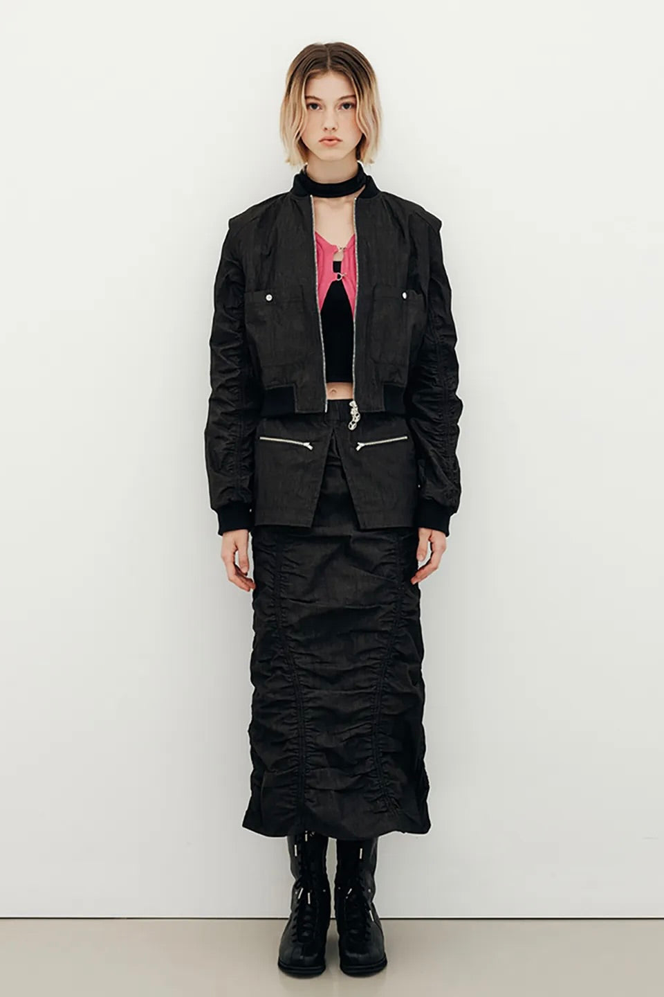 YUSE PUCKERING COTTON DOUBLE LAYERED LONG SKIRT - BLACK