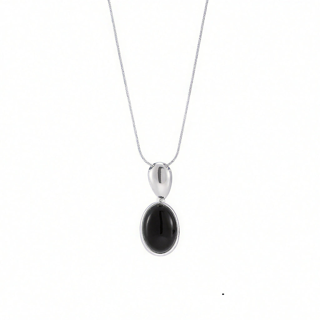 Onyx Pandent Long Necklace - Silver