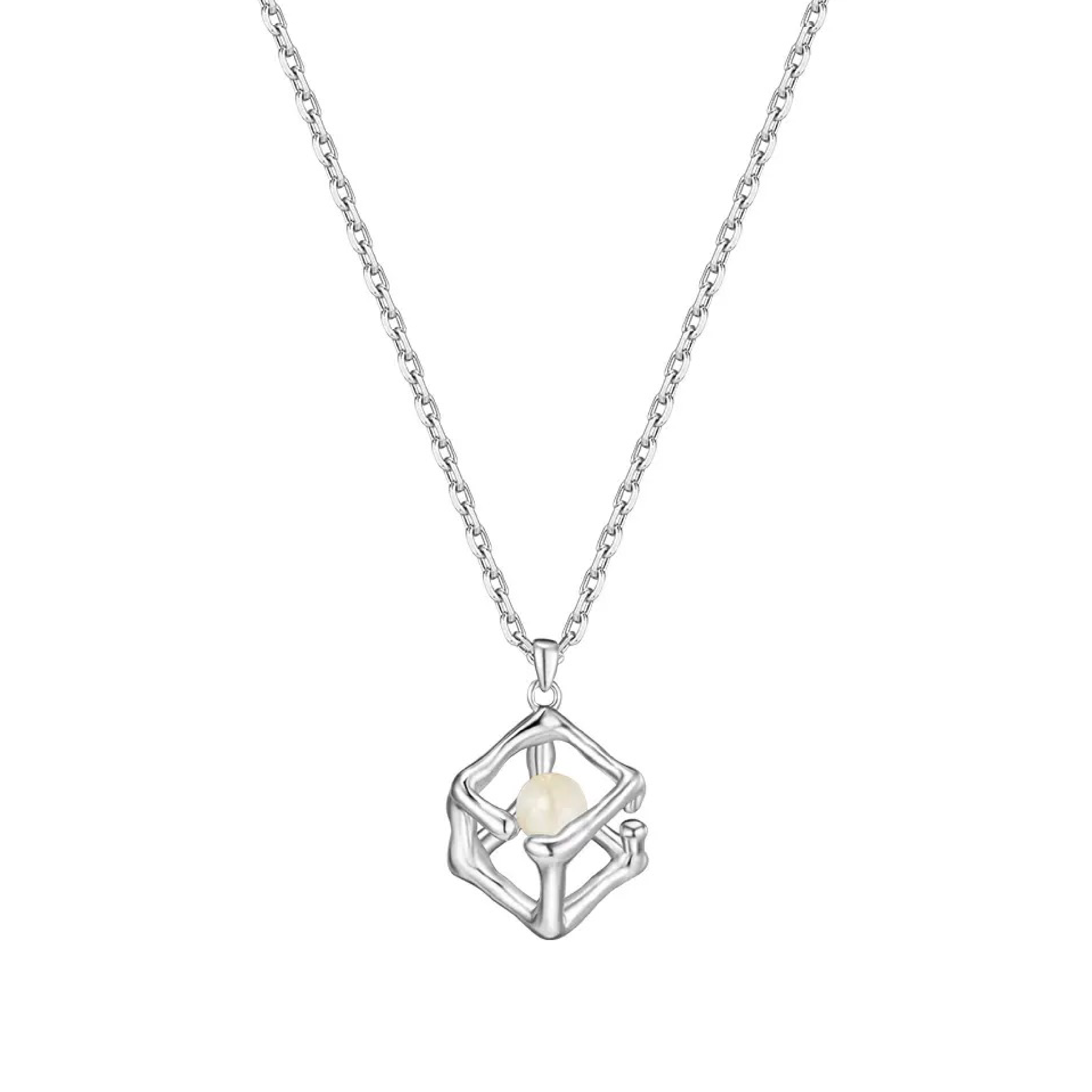 Arden 3D Cube Pearl Necklace - Silver