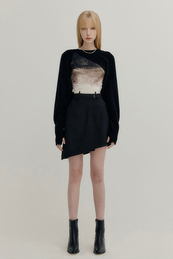 YUSE CASHMERE SIGNATURE UNBALANCE BOLERO KNIT TOP - BLACK