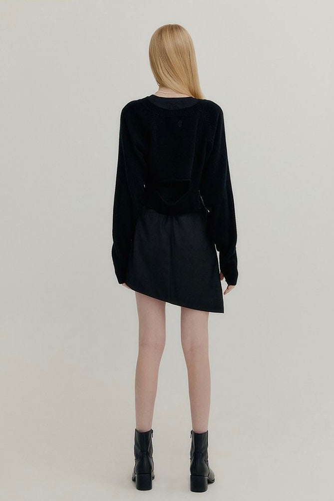 YUSE CASHMERE SIGNATURE UNBALANCE BOLERO KNIT TOP - BLACK
