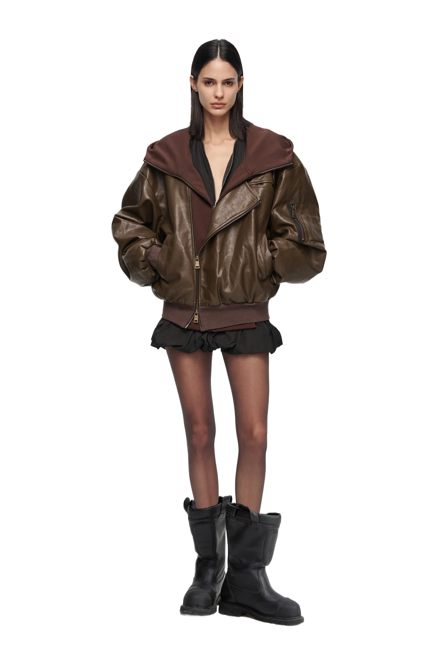 OVERSIZED LEATHER BOMBER JACKET IN BROWN 斜领假两件皮衣-棕