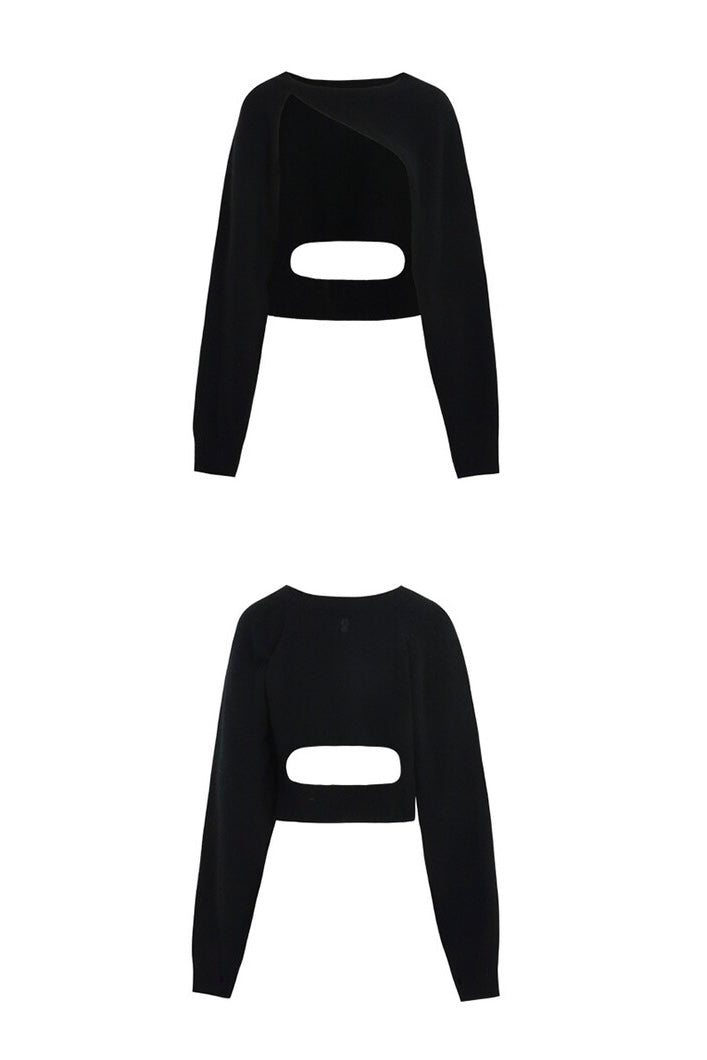 YUSE CASHMERE SIGNATURE UNBALANCE BOLERO KNIT TOP - BLACK