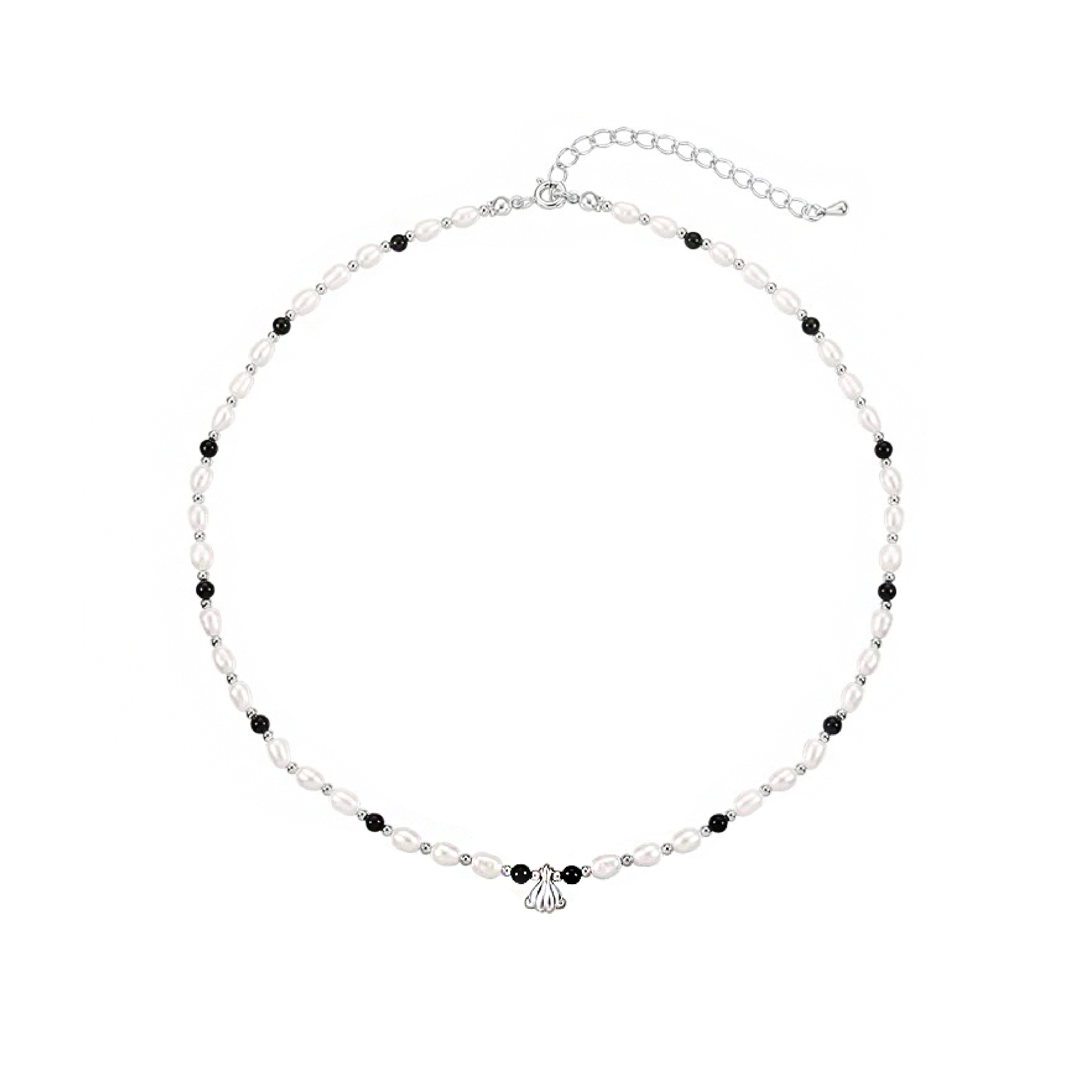 Charlotte Onyx Pearls Necklace - Silver