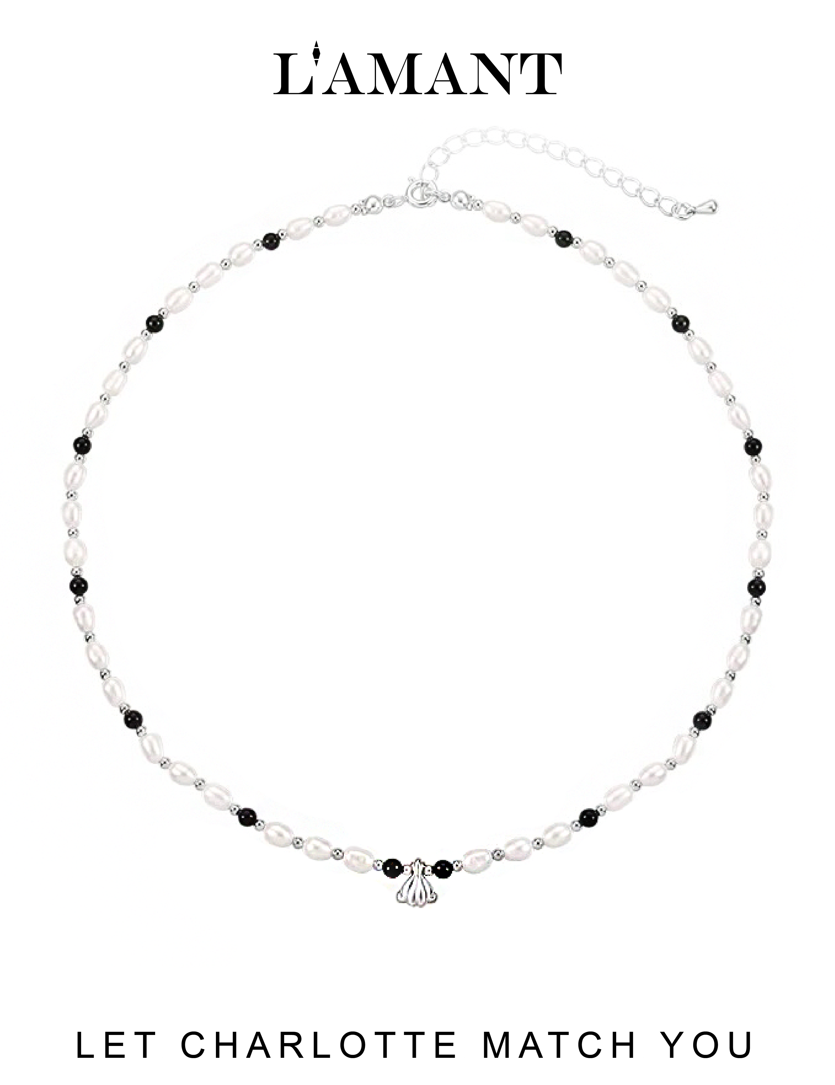 Charlotte Onyx Pearls Necklace - Silver