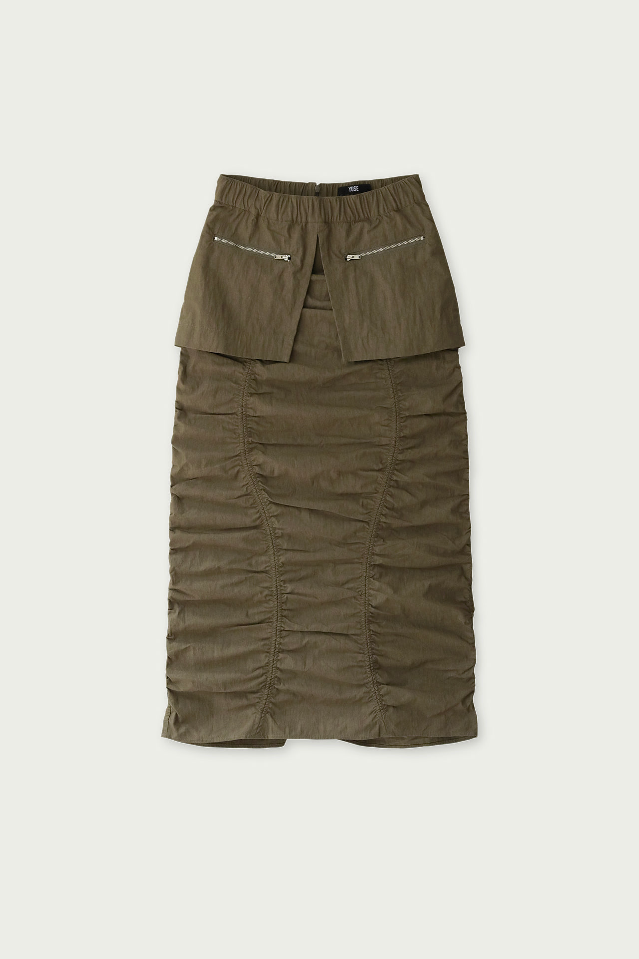 YUSE PUCKERING COTTON DOUBLE LAYERED LONG SKIRT - KHAKI BROWN