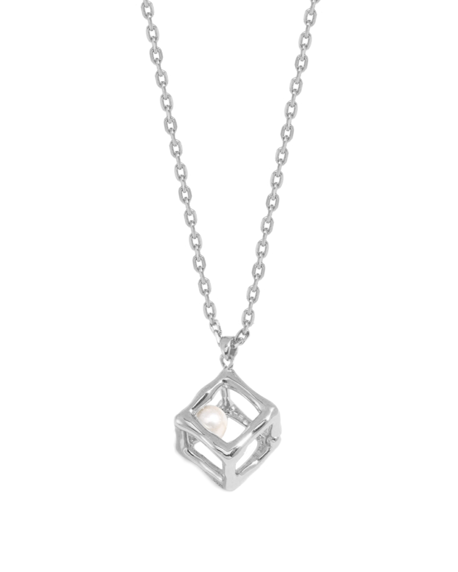 Arden 3D Cube Pearl Necklace - Silver