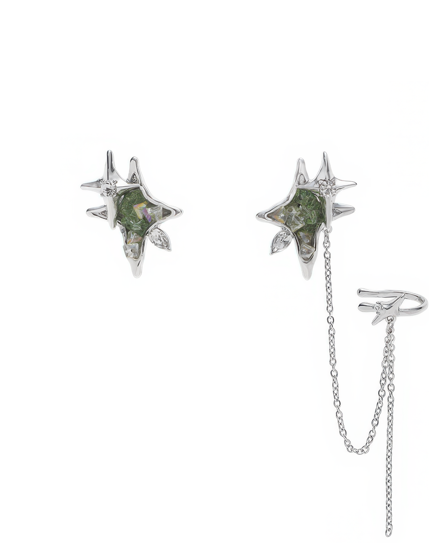 Polaris Green Star Stud Earrings with Cuff