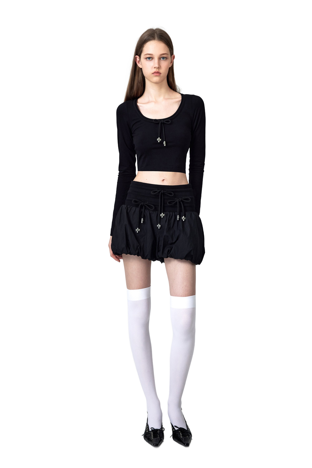 YJ Bow Low-Cut Long-Sleeved Top