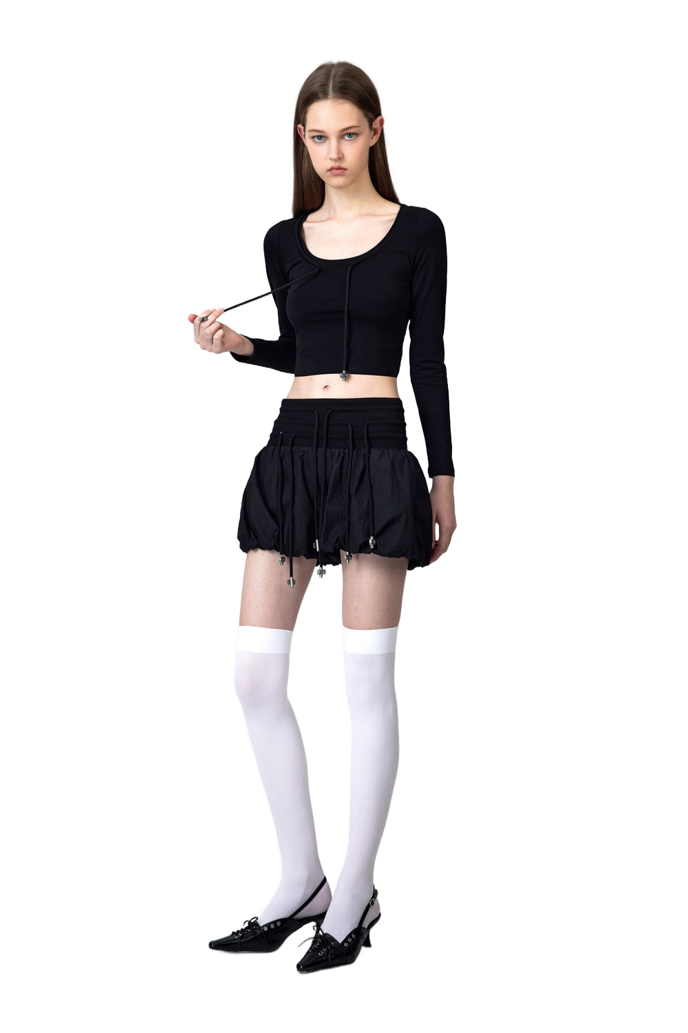 YJ Bow Low-Cut Long-Sleeved Top