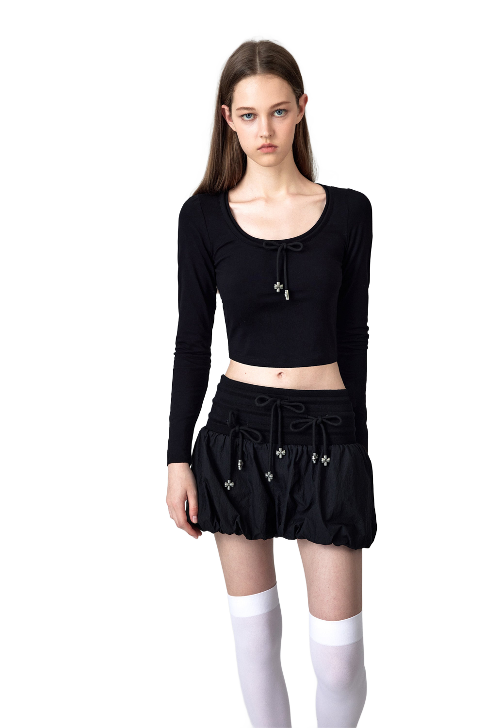 YJ Bow Low-Cut Long-Sleeved Top