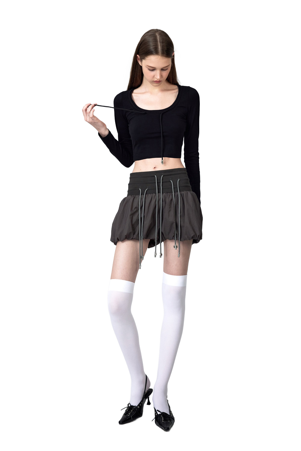 YJ Bow Low-Cut Long-Sleeved Top