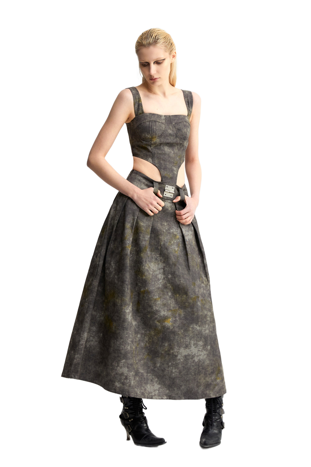 YJ Denim Acid-Wash Long Skirt In Gray