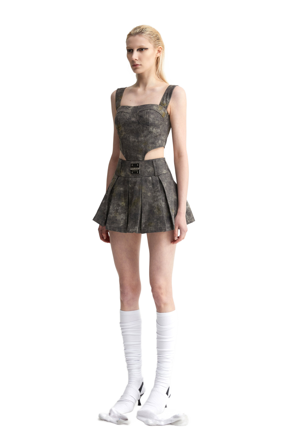 YJ Denim Acid-Wash Bustier Top In Gray
