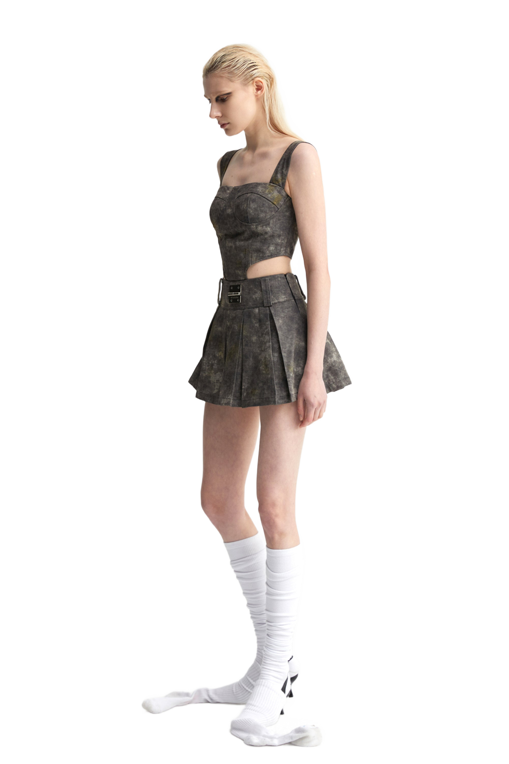 YJ Denim Acid-Wash Bustier Top In Gray