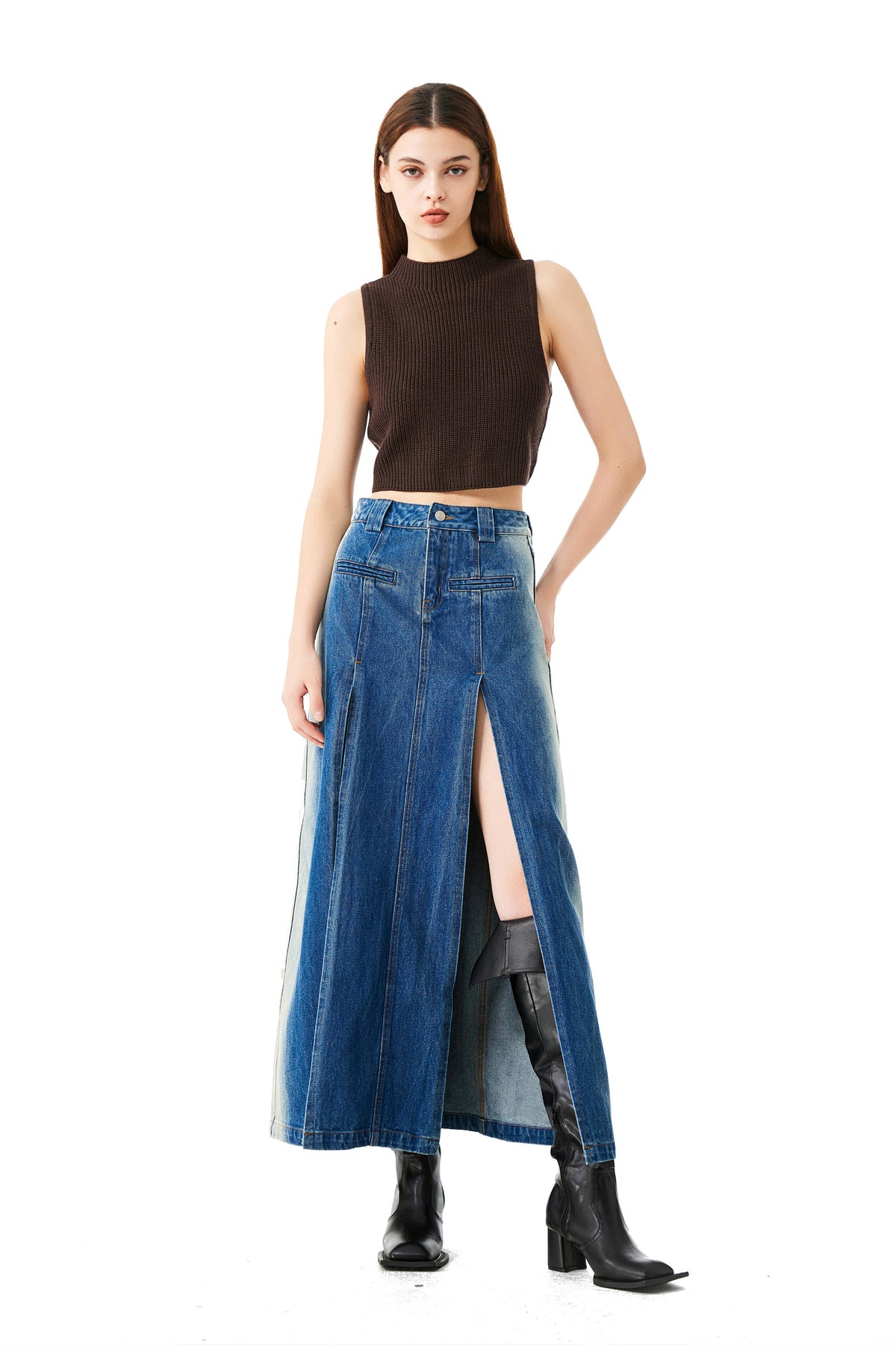 YJ High-Slit Denim Skirt