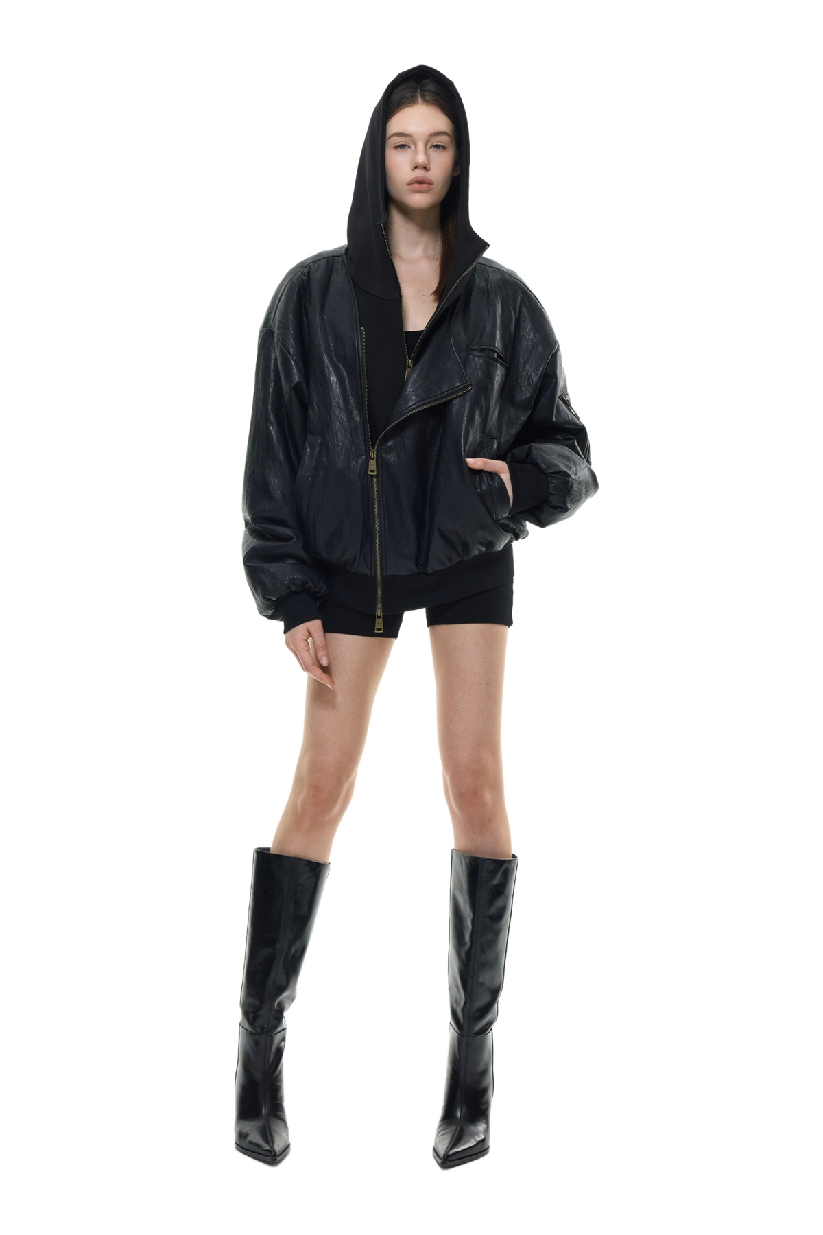 YJ Oversized Leather Bomber Jacket in Black