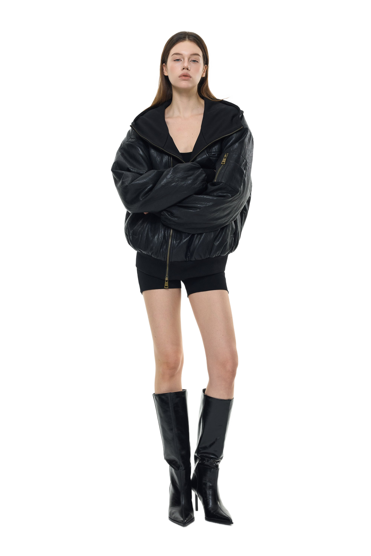 YJ Oversized Leather Bomber Jacket in Black