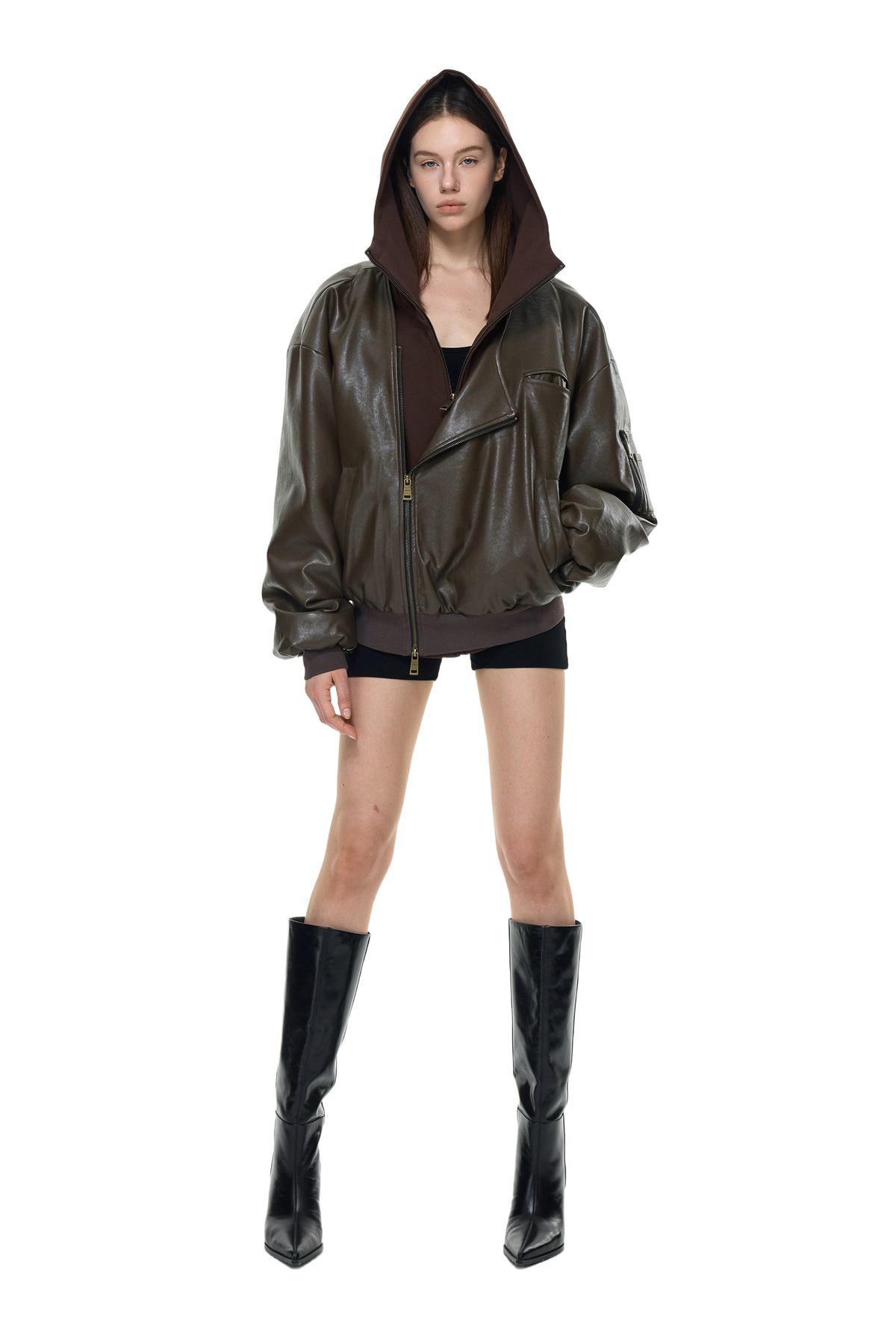 YJ Oversized Leather Bomber Jacket in Brown